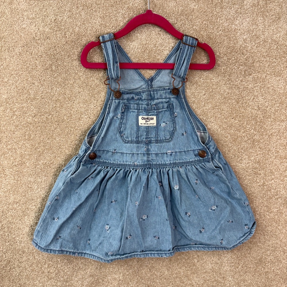 OSHKOSH B'GOSH Jumper Dress Kid's 2T Blue Floral Denim Overall Skirt VESTBAK